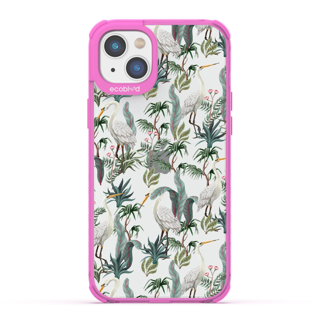 Flock Together - Pink Eco-Friendly iPhone 14 Case With Herons & Peonies On A Clear Back
