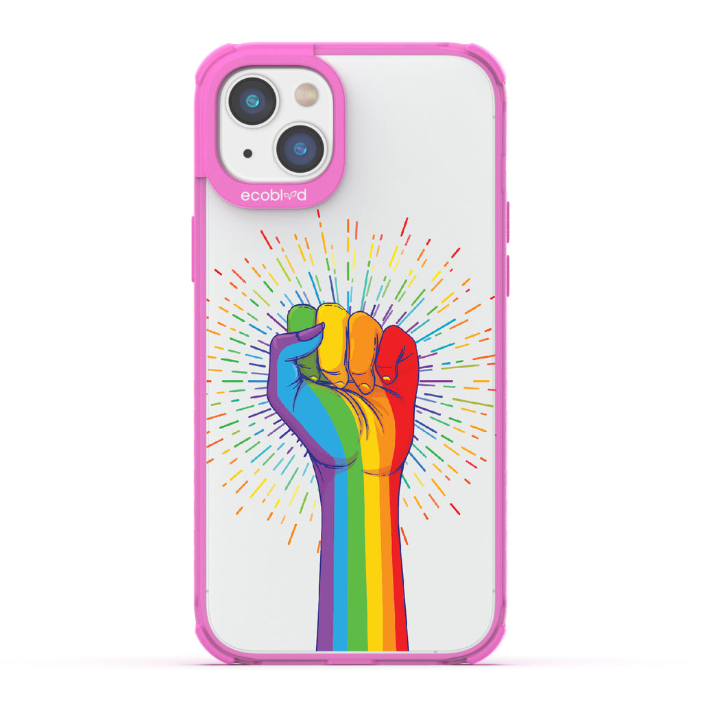 Rise With Pride - Pink Eco-Friendly iPhone 14 Case With Raised Fist In Rainbow Colors On A Clear Back