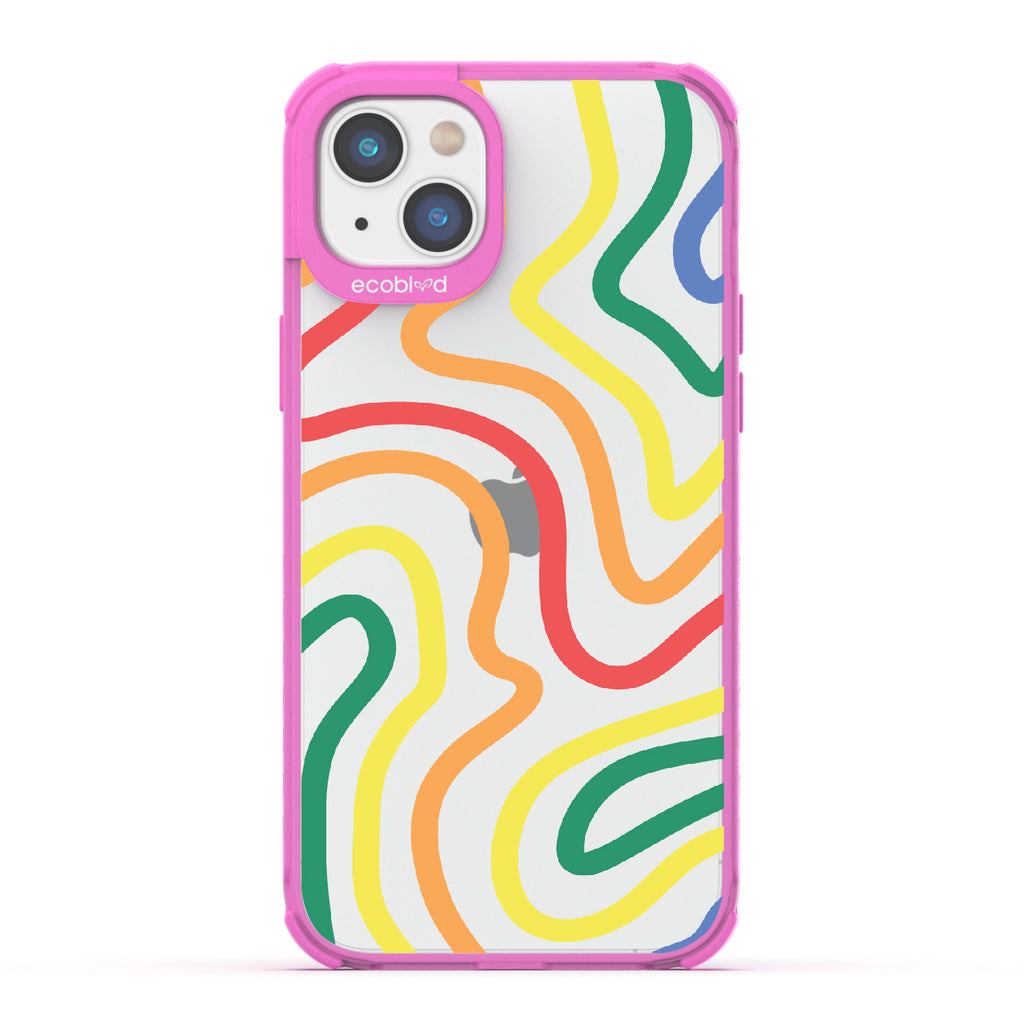 True Colors - Pink Eco-Friendly iPhone 14 Case With Abstract Lines In Different Colors Of The Rainbow On A Clear Back