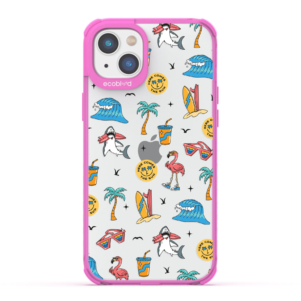 Here Comes The Sun - Pink Eco-Friendly iPhone 14 Plus Case: Sunglasses, Surfboard, Waves & Beach Theme On A Clear Back