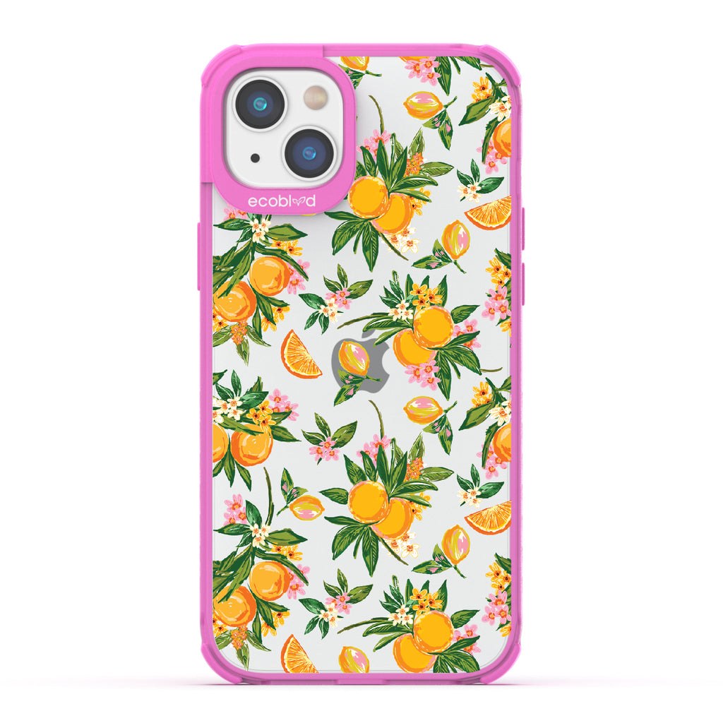 Orange Bliss - Pink Eco-Friendly iPhone 14 Case With Oranges, Orange Slices and Leaves On A Clear Back