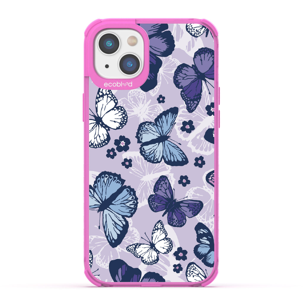 Deja Vu - Pink Eco-Friendly iPhone 14 Case With Blue, White, Purple Butterflies & Flowers On A Purple / Clear Back