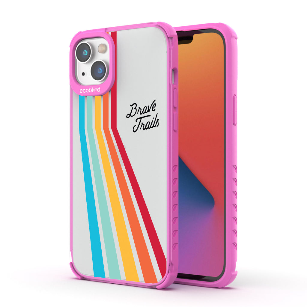 Trailblazer X Brave Trails  - Back View Of Pink & Clear Eco-Friendly iPhone 14 Case & A Front View Of The Screen