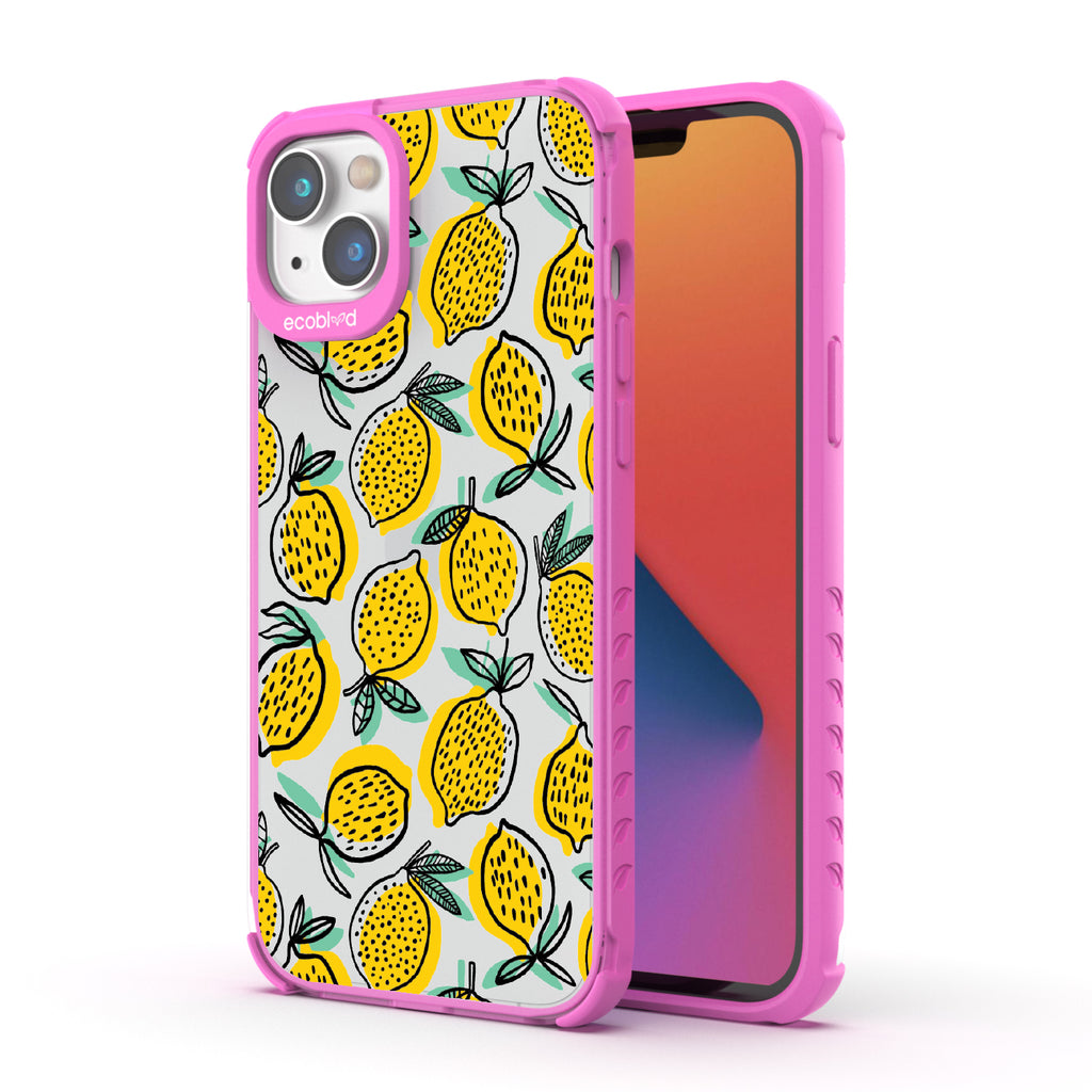 Lemon Drop - Back View Of Pink & Clear Eco-Friendly iPhone 14 Case & A Front View Of The Screen
