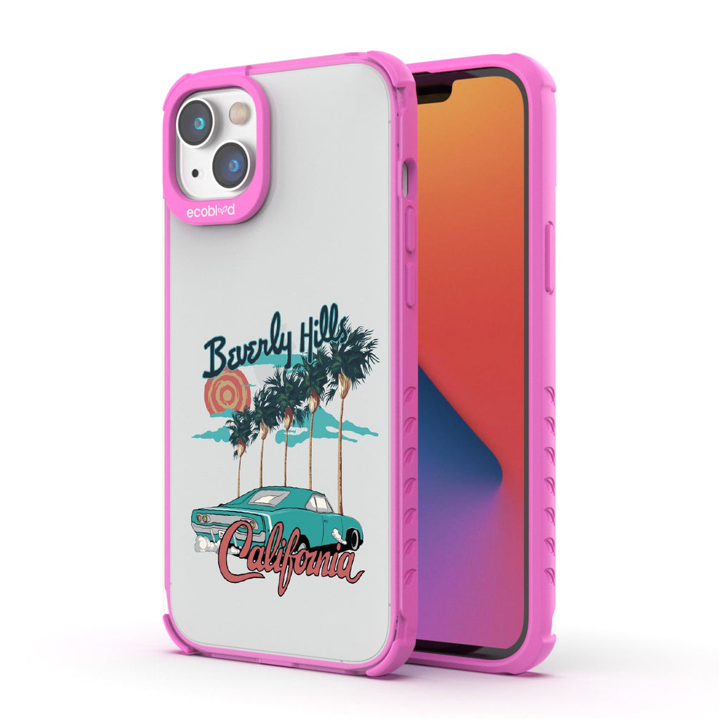 Front and back view of iPhone 16e, 14, 13 case, clear compostable phone case with pink ridges, 90210 design