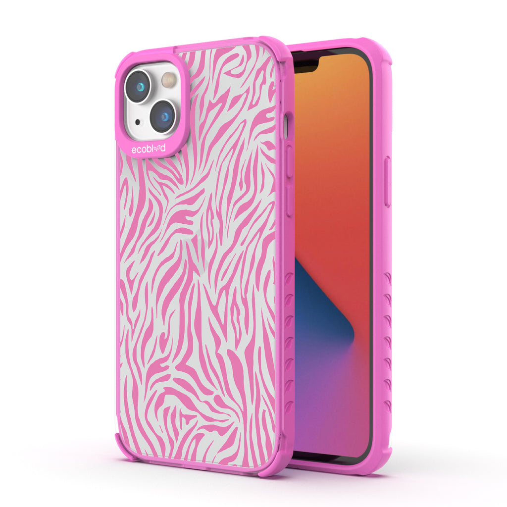 Zebra Print - Back View Of Pink & Clear Eco-Friendly iPhone 14 Case & A Front View Of The Screen