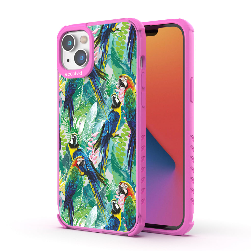 Macaw Medley - Back View Of Pink & Clear Eco-Friendly iPhone 14 Case & A Front View Of The Screen