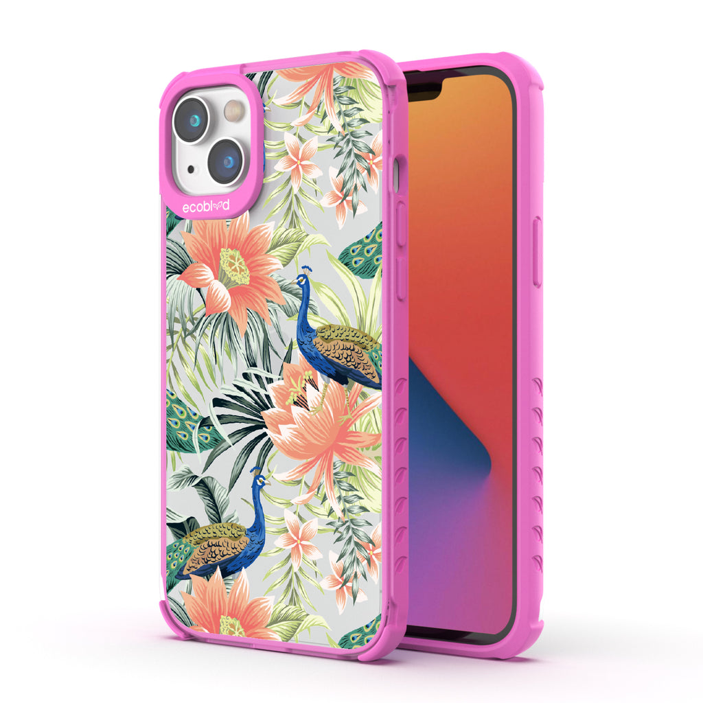 Peacock Palace - Back View Of Pink & Clear Eco-Friendly iPhone 14 Plus Case & A Front View Of The Screen