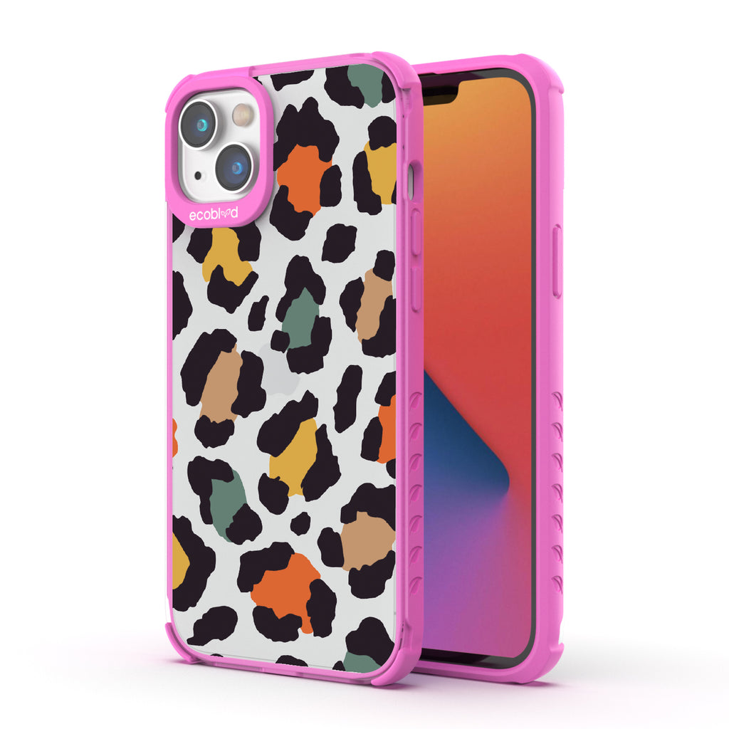 Cheetahlicious - Pink Eco-Friendly iPhone 14 Plus Case With Multi-Colored Cheetah Print On A Clear Back