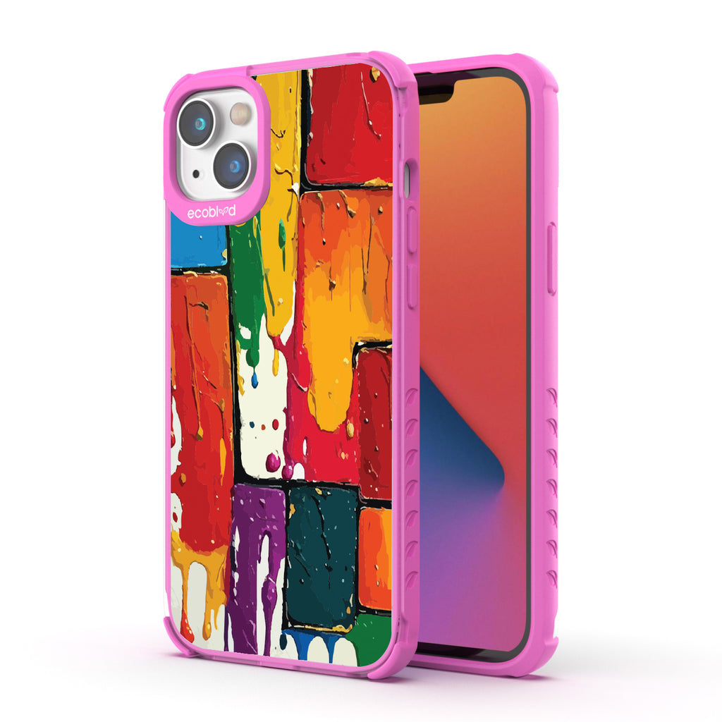 Front and back view of iPhone 14 Plus case, clear compostable phone case with pink ridges, Color Me Mine design