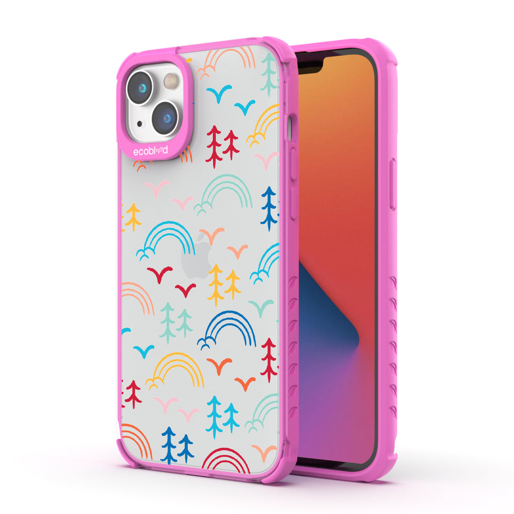 Happy Camper X Brave Trails  - Back View Of Pink & Clear Eco-Friendly iPhone 14 Case & A Front View Of The Screen