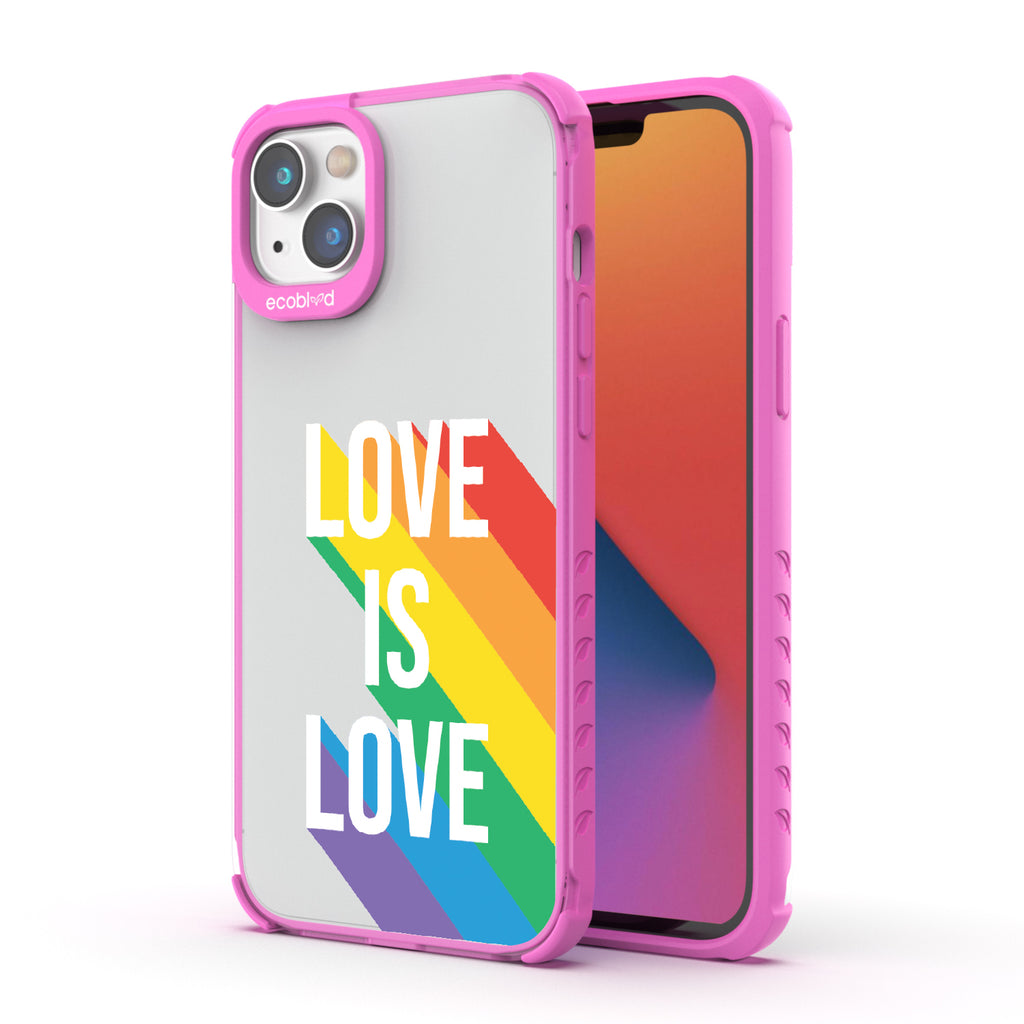 Spectrum Of Love - Back View Of Pink & Clear Eco-Friendly iPhone 14 Case & A Front View Of The Screen