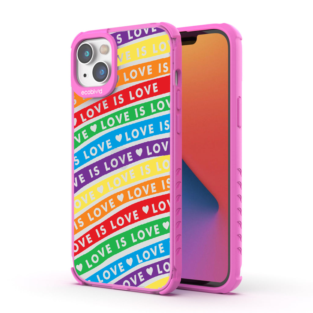 Love Unites All - Back View Of Pink & Clear Eco-Friendly iPhone 14 Case & A Front View Of The Screen