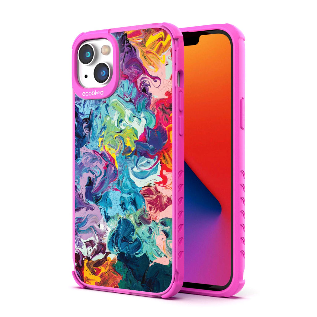 Back View Of Pink Eco-Friendly iPhone 14 Clear Case With Give It A Swirl Design & Front View Of Screen