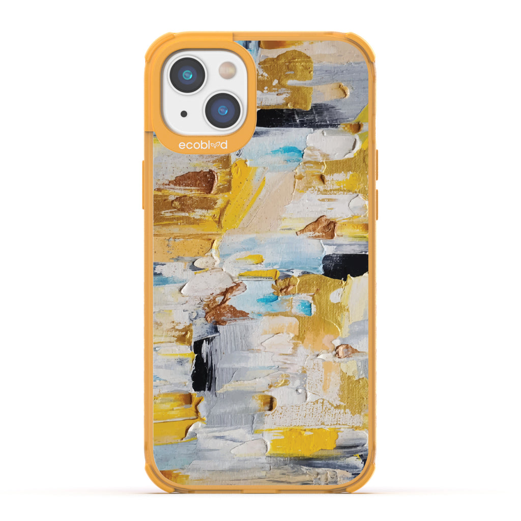 iPhone 14 Plus case, clear eco-friendly phone case with yellow ridges, back view, Lighten Up design