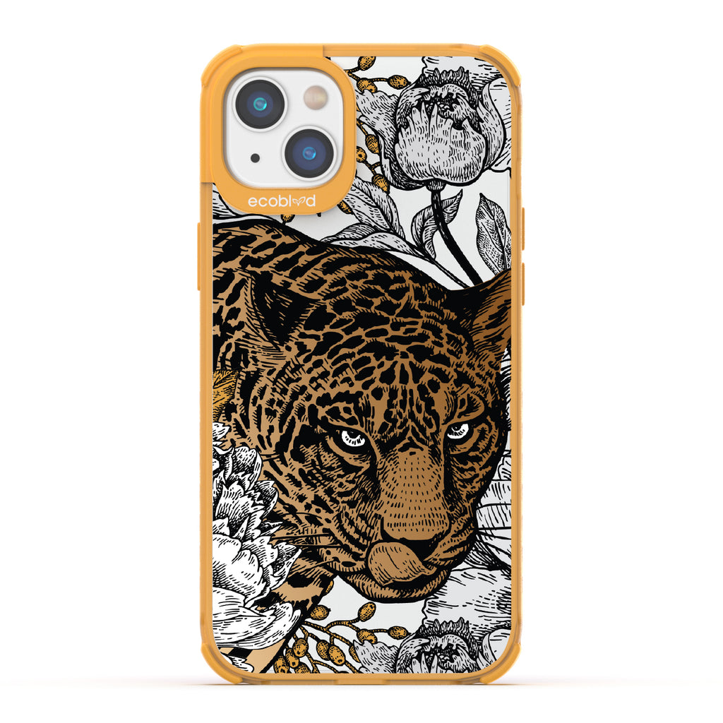 Purrfectly Striking - Yellow Eco-Friendly iPhone 14 Plus Case With Leopard, Black/Grey Flowers On A Clear Back