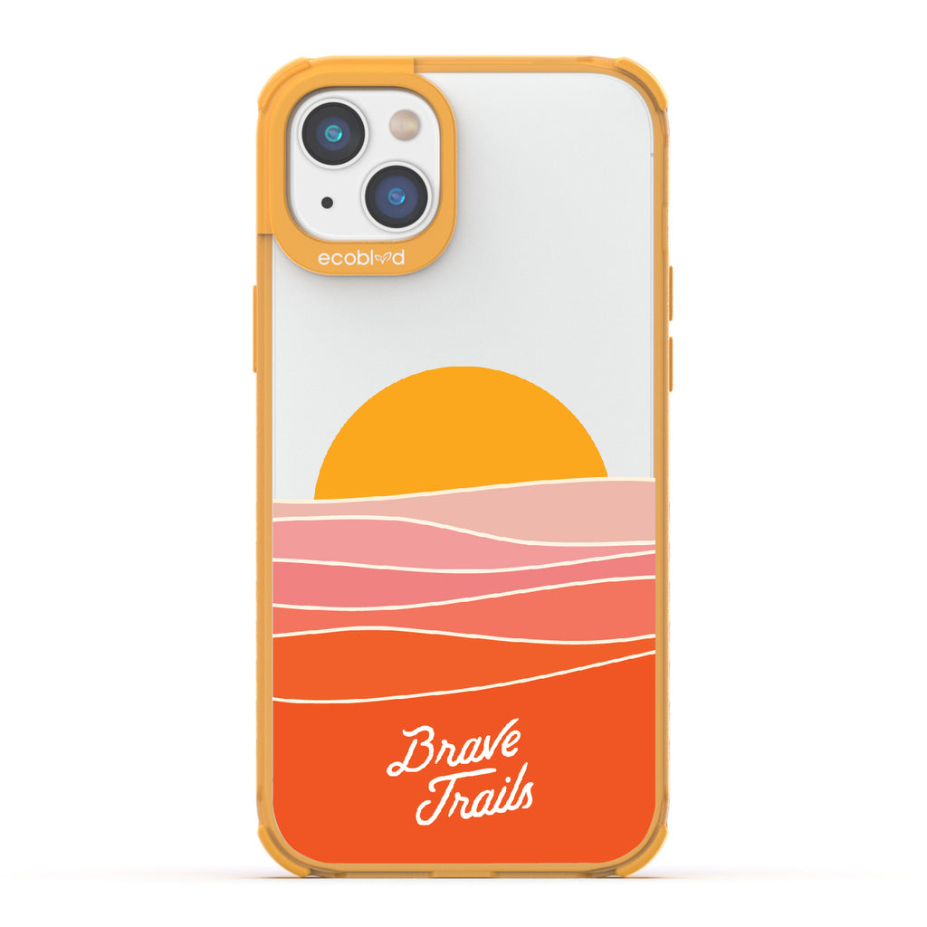 Enlightened X Brave Trails - Yellow Eco-Friendly iPhone 14 Case with Sun Rising Over Minimalist Hillside On Clear Back