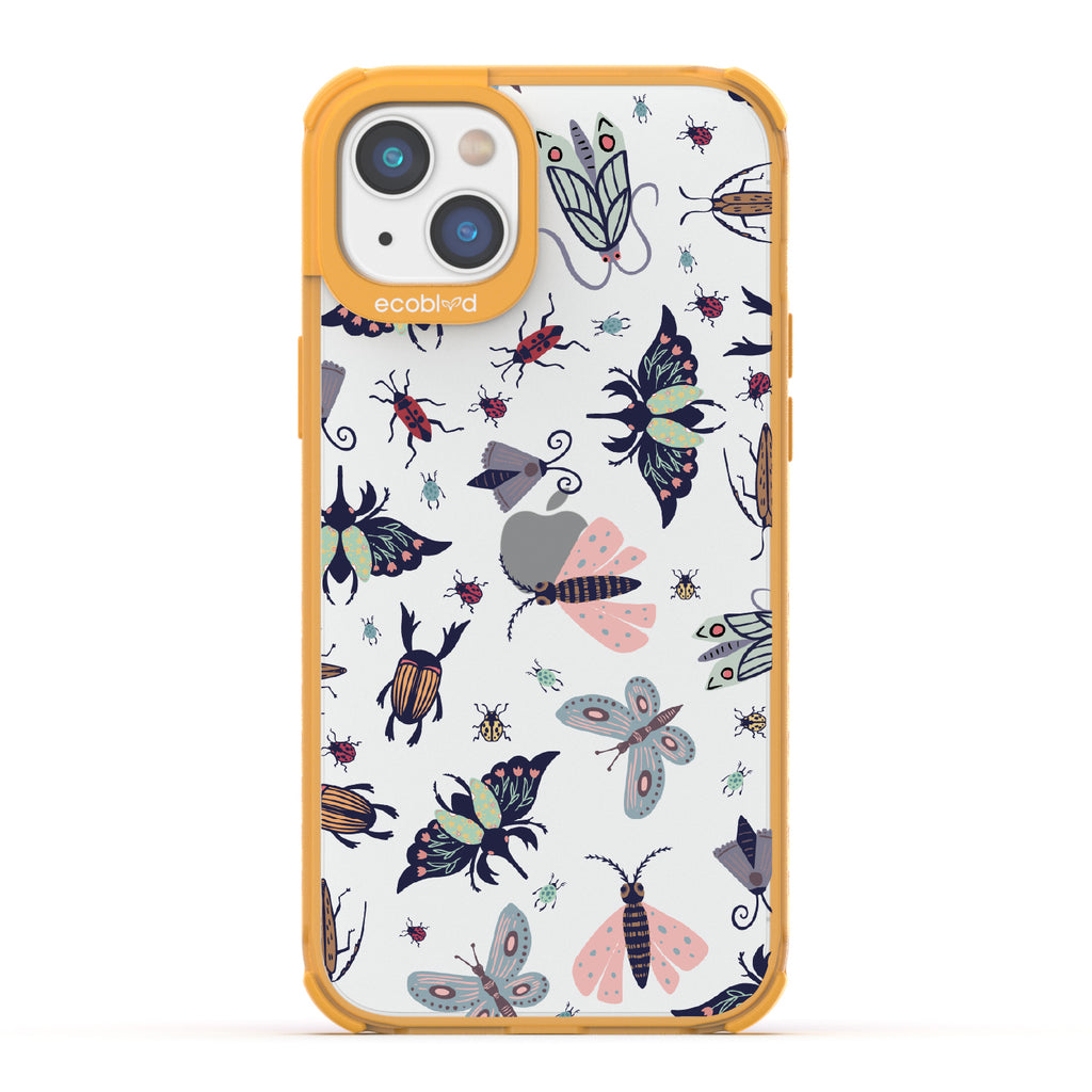 Bug Out - Yellow Eco-Friendly iPhone 14 Case With Butterflies, Moths, Dragonflies, And Beetles On A Clear Back