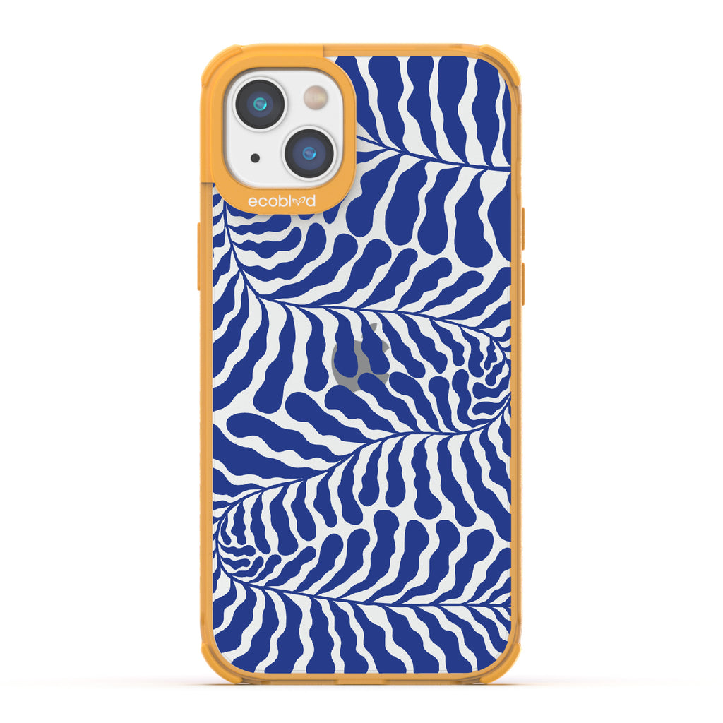 Blue Lagoon - Yellow Eco-Friendly iPhone 14 Case With Abstract Tropical Blue Seaweed On A Clear Back
