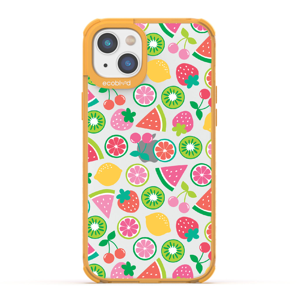 Juicy Fruit - Yellow Eco-Friendly iPhone 14 Case With Various Colorful Summer Fruits On A Clear Back