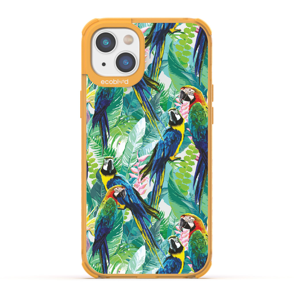 Macaw Medley - Yellow Eco-Friendly iPhone 14 Case With Macaws & Tropical Leaves On A Clear Back