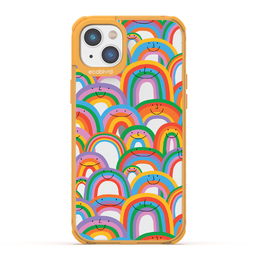 Prideful Smiles - Yellow Eco-Friendly iPhone 14 Case With Rainbows That Have Smiley Faces On A Clear Back