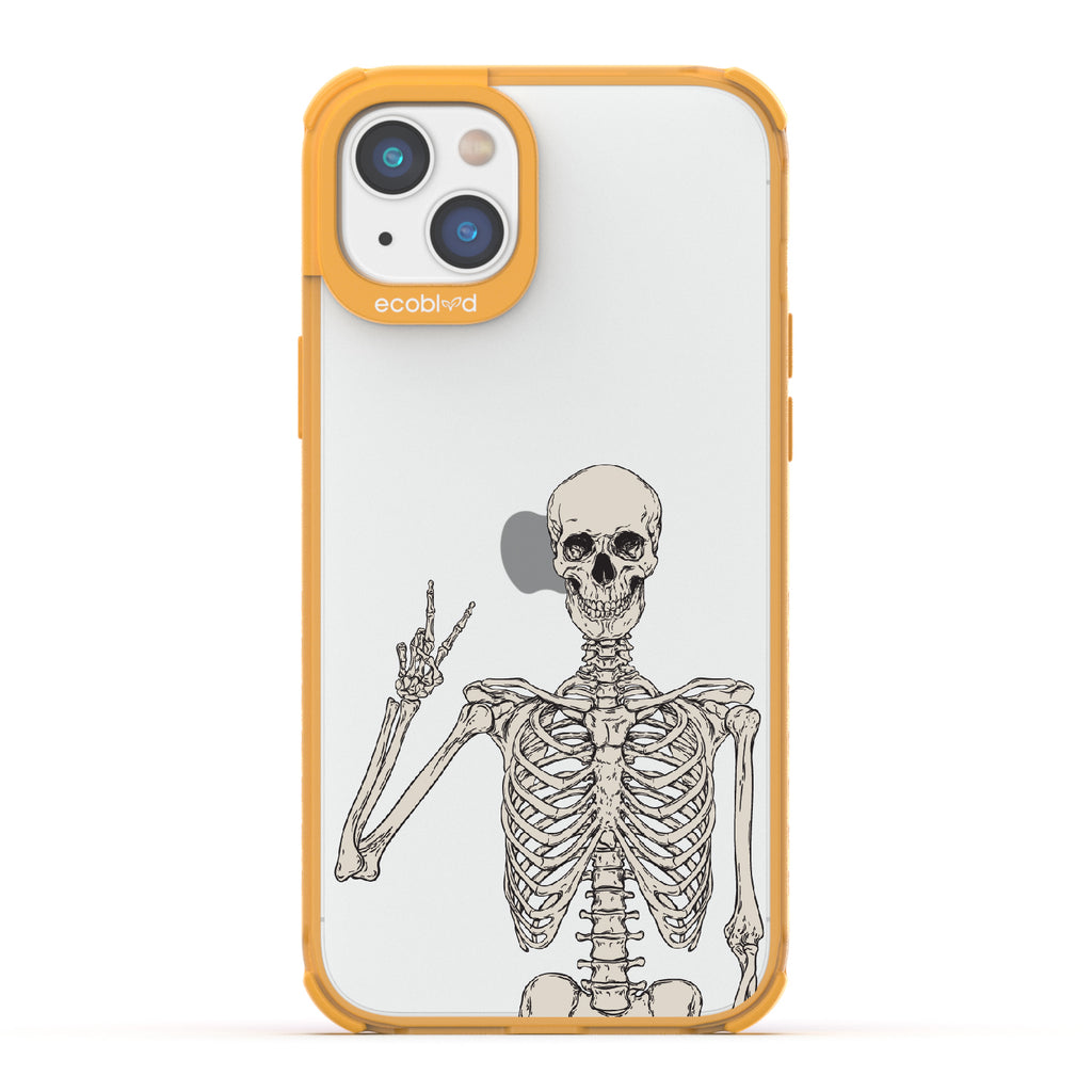 Creepin' It Real - Yellow Eco-Friendly iPhone 14 Plus Case With Skeleton Giving A Peace Sign On A Clear Back