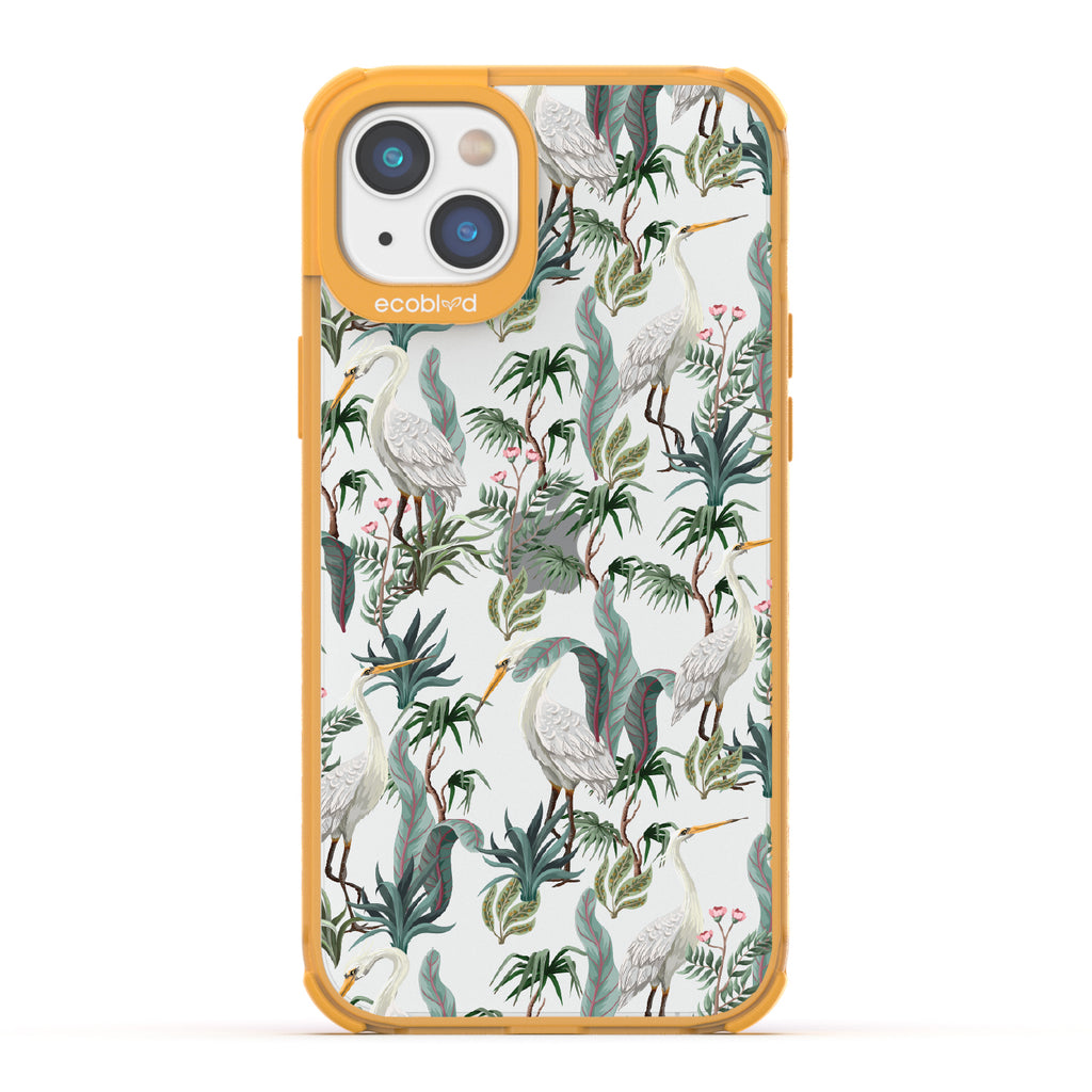 Flock Together - Yellow Eco-Friendly iPhone 14 Case With Herons & Peonies On A Clear Back