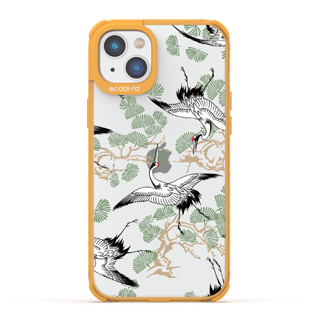 Graceful Crane - Yellow Eco-Friendly iPhone 14 Case With Japanese Cranes Atop Branches On A Clear Back