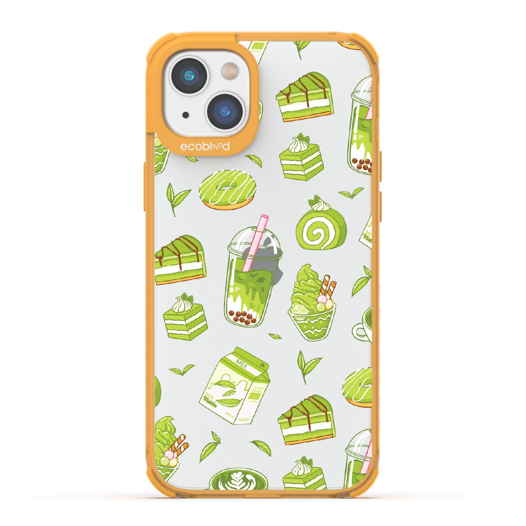 iPhone 14 Plus case, clear eco-friendly phone case with yellow ridges, back view, So Matcha More design