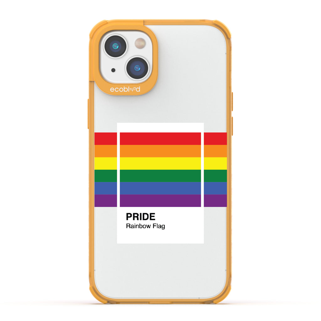 Colors Of Unity - Yellow Eco-Friendly iPhone 14 Plus Case With Pride Rainbow Flag As Pantone Swatch On A Clear Back