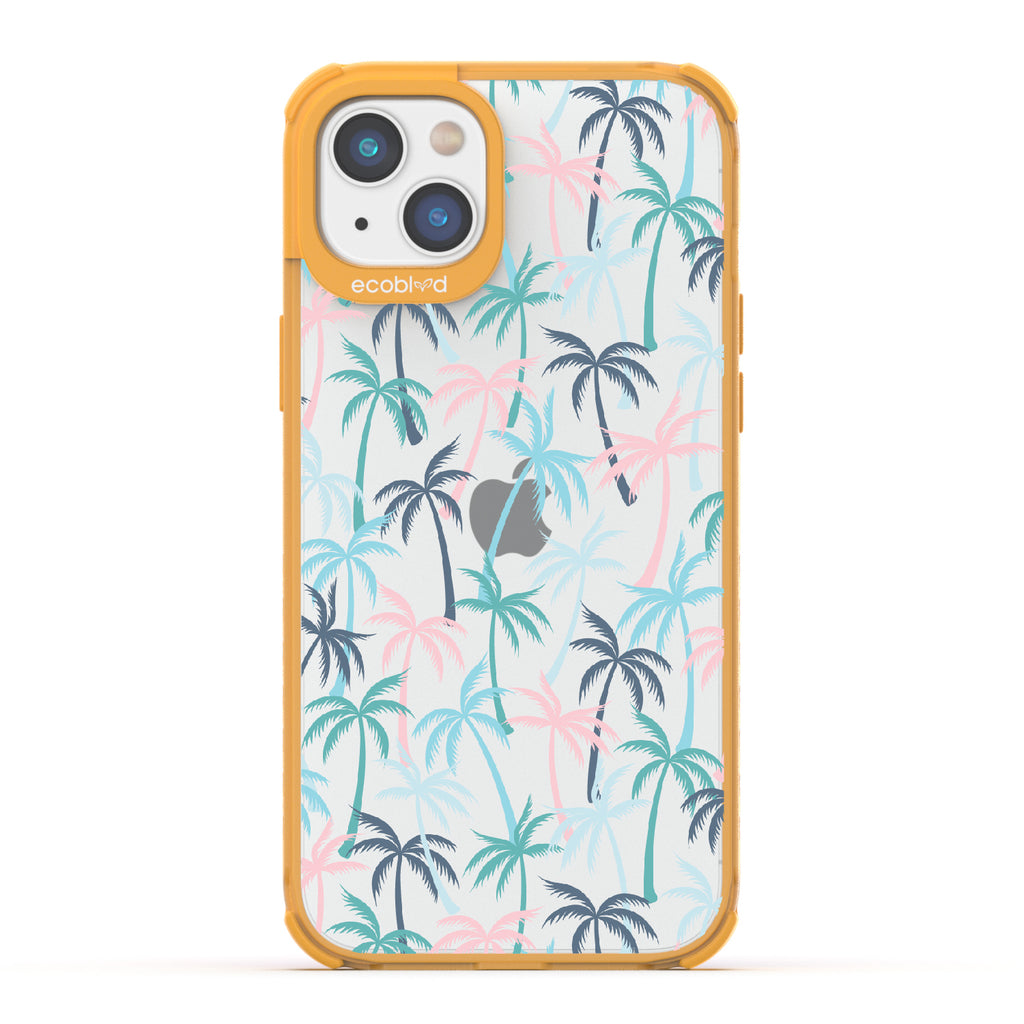 Cruel Summer - Yellow Eco-Friendly iPhone 14 Case With Hotline Miami Colored Tropical Palm Trees On A Clear Back