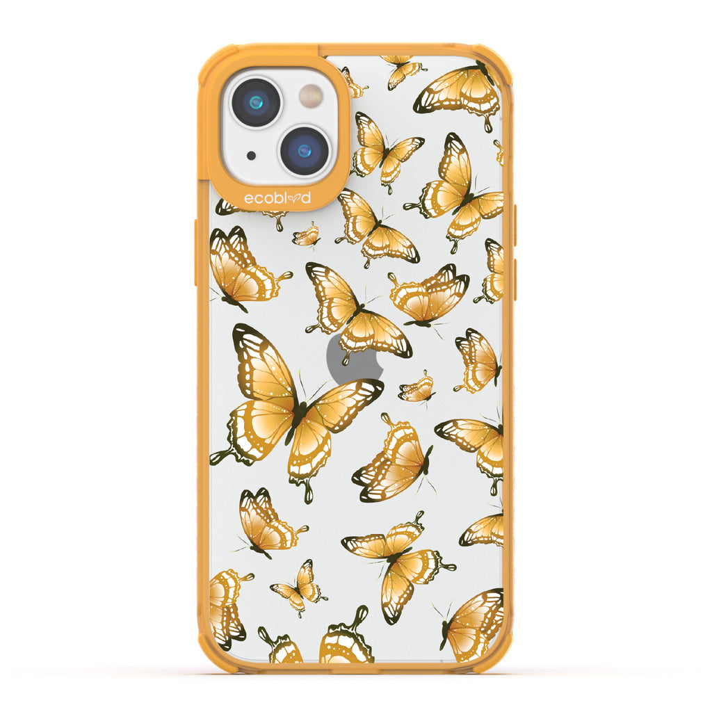 Social Butterfly - Yellow Eco-Friendly iPhone 14 Case With Yellow Butterflies On A Clear Back - Compostable