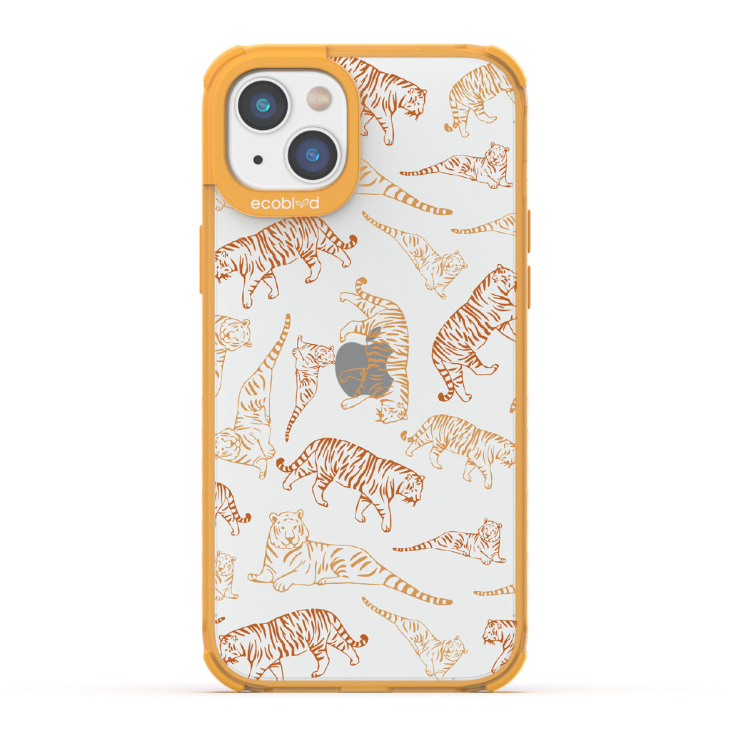 Tiger Pride - Yellow Eco-Friendly iPhone 14 Plus Case With Orange / Yellow Tiger Outlines On A Clear Back