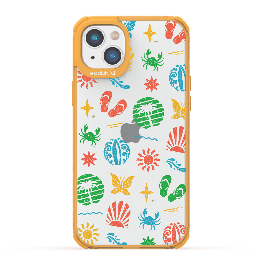 Island Time - Yellow Eco-Friendly iPhone 14 Case With Surfboard Art Of Crabs, Sandals, Waves & More On A Clear Back