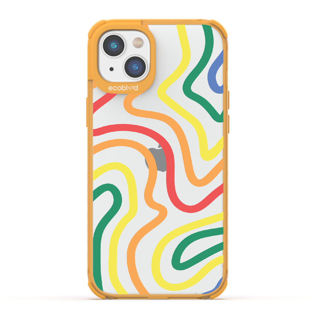 True Colors - Yellow Eco-Friendly iPhone 14 Plus Case With Abstract Lines In Different Colors Of The Rainbow On A Clear Back
