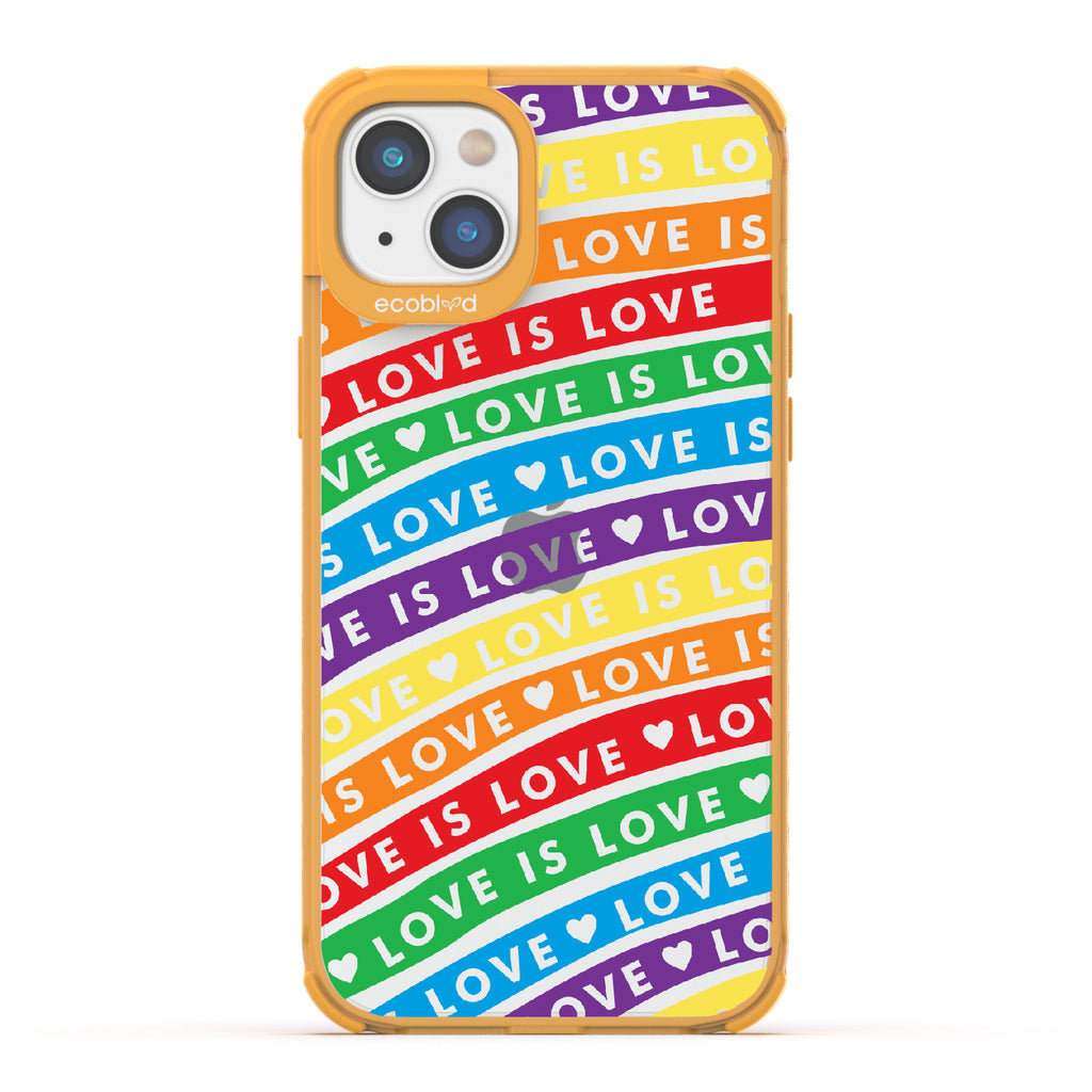 Love Unites All - Yellow Eco-Friendly iPhone 14 Case With Love Is Love On Colored Lines Forming Rainbow On A Clear Back