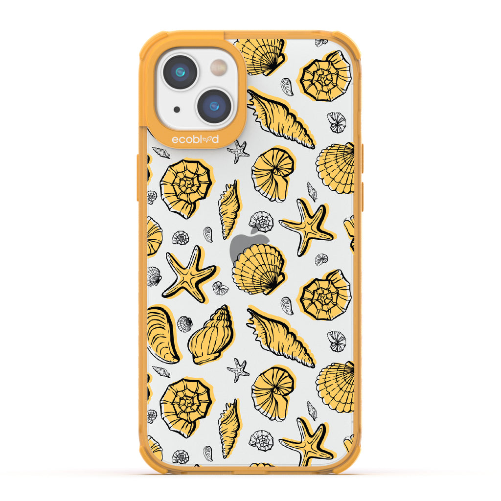 Seashells Seashore - Yellow Eco-Friendly iPhone 14 Plus Case With Seashells and Starfish On A Clear Back