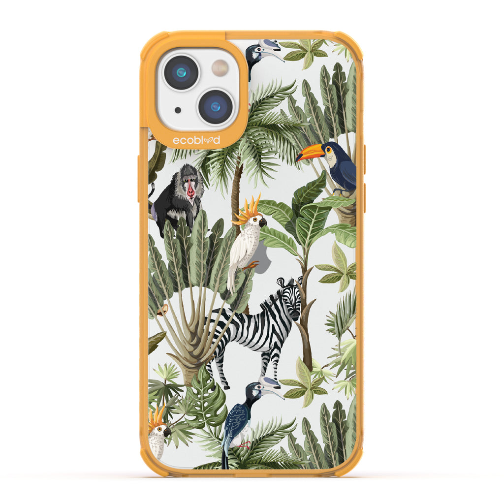 Toucan Play That Game - Yellow Eco-Friendly iPhone 14 Plus Case With Jungle Fauna, Toucan, Zebra & More On A Clear Back