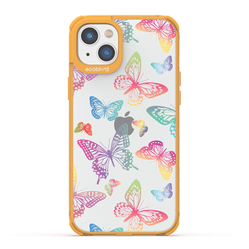 Butterfly Effect - Yellow Eco-Friendly iPhone 14 Plus Case With Multi-Colored Neon Butterflies On A Clear Back