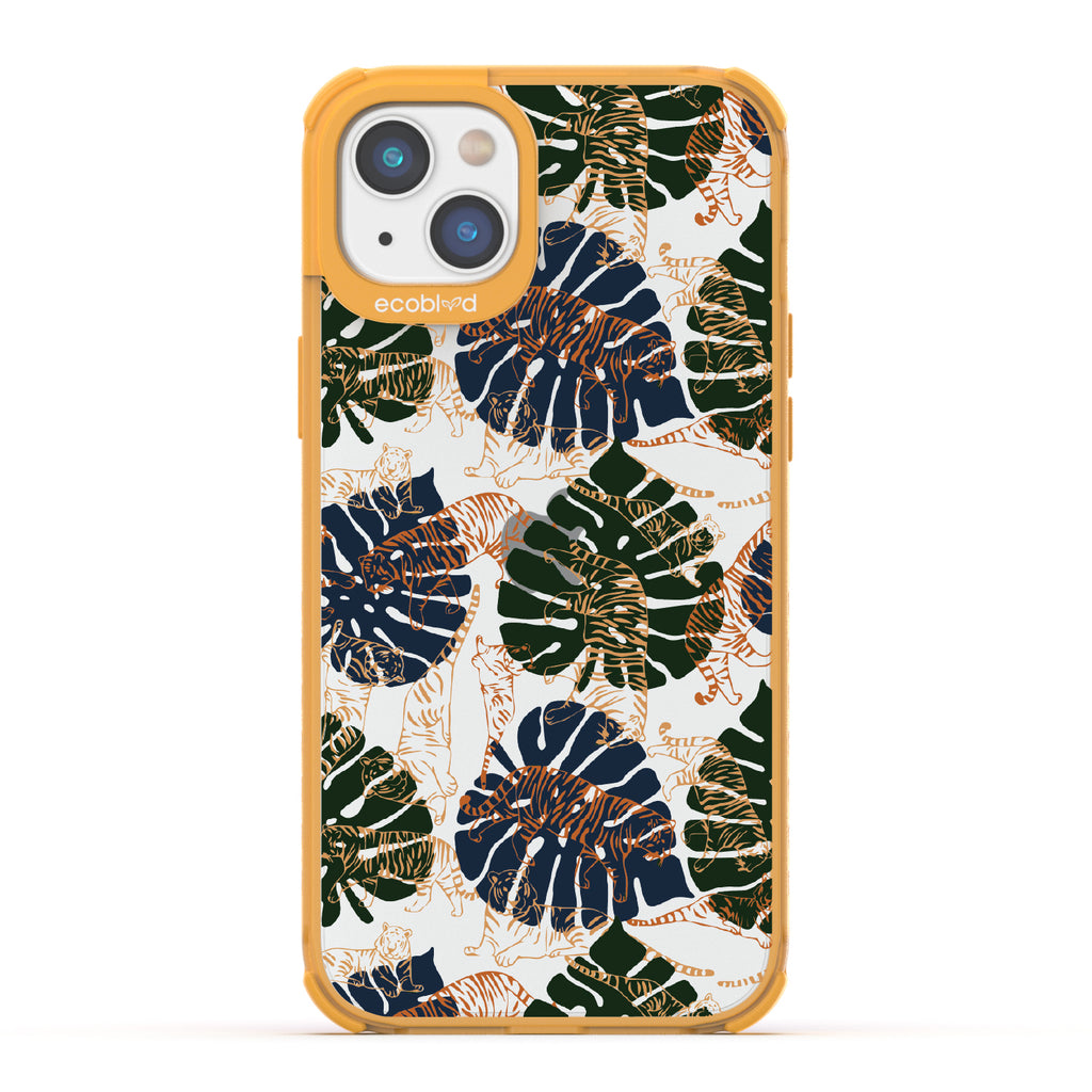 Tropic Roar - Yellow Eco-Friendly iPhone 14 Case With Jungle Leaves & Orange / Yellow Tiger Outlines On A Clear Back