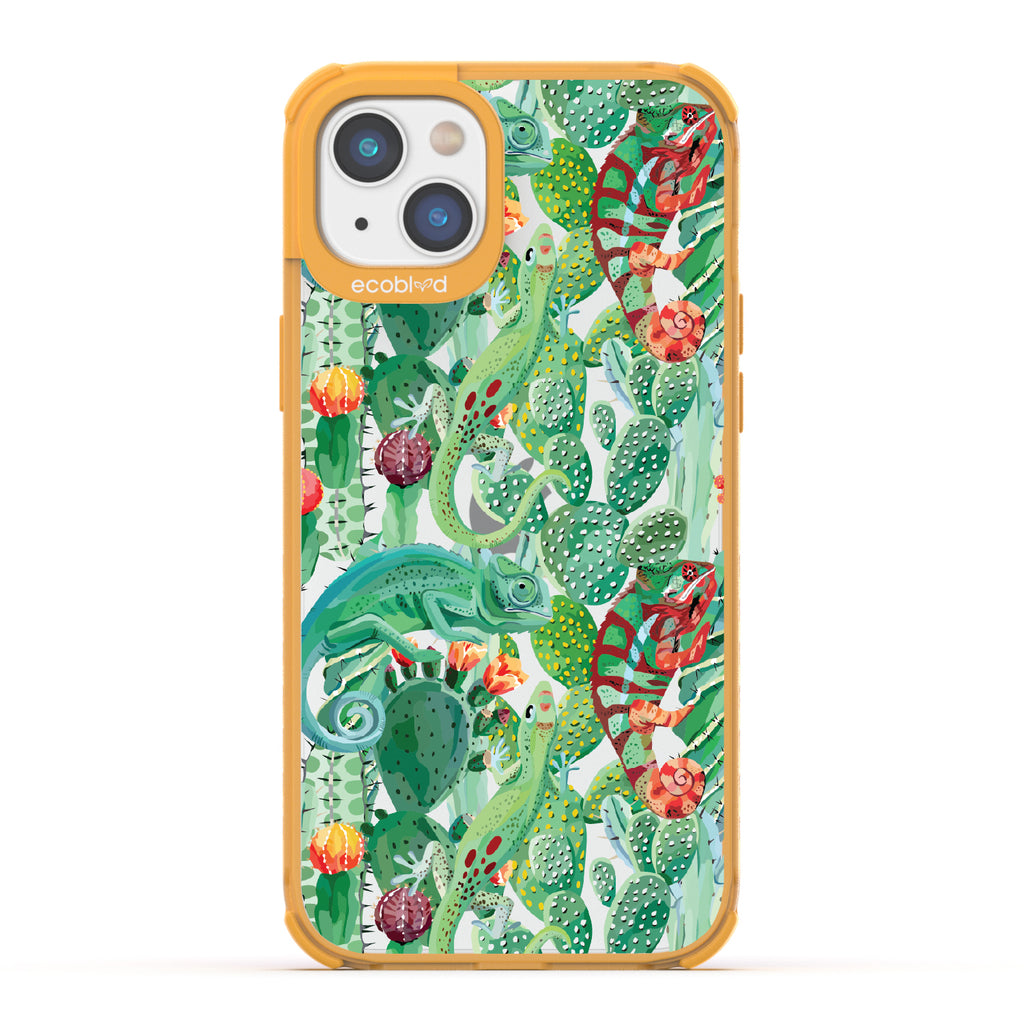 In Plain Sight - Yellow Eco-Friendly iPhone 14 Case With Chameleons On Cacti On A Clear Back