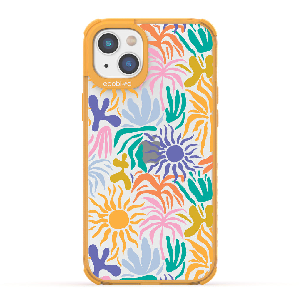 Sun-Kissed - Yellow Eco-Friendly iPhone 14 Plus Case With Sunflower Print + The Sun As The Flower On A Clear Back