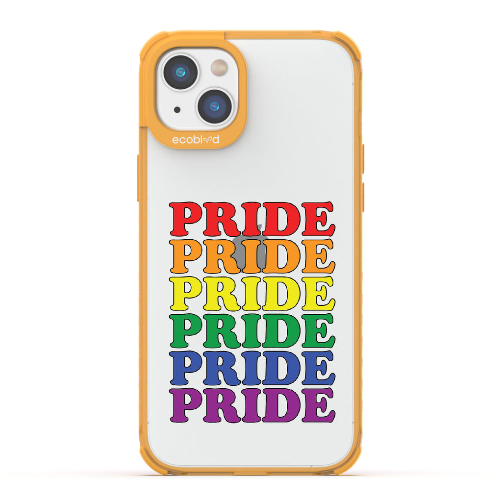 Pride Camp - Yellow Eco-Friendly iPhone 14 Case With Pride Stacked In Multiple Rainbow Colors On A Clear Back