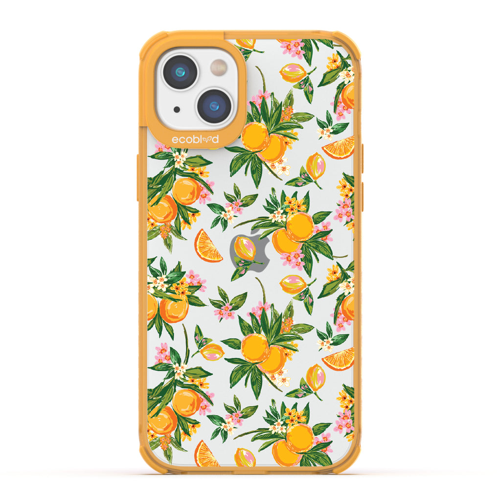 Orange Bliss - Yellow Eco-Friendly iPhone 14 Plus Case With Oranges, Orange Slices and Leaves On A Clear Back