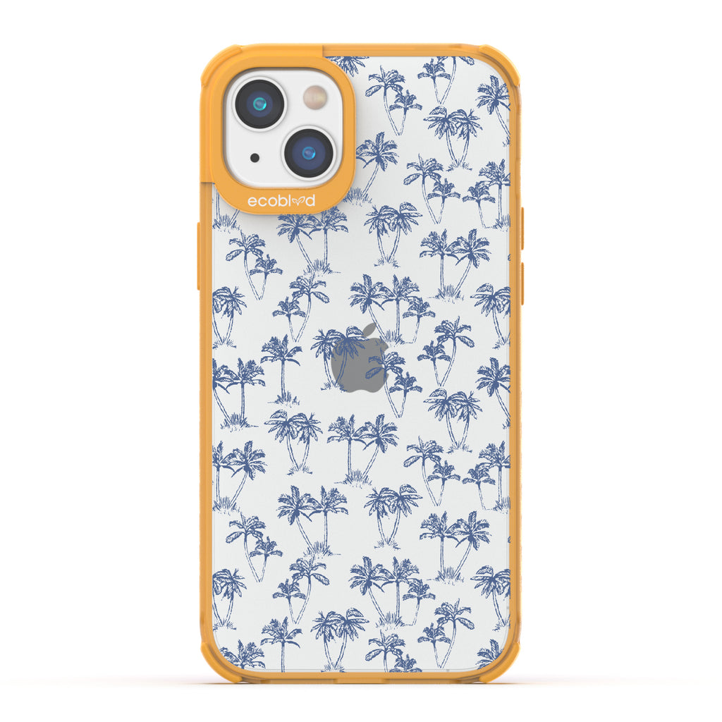 Endless Summer - Yellow Eco-Friendly iPhone 14 Plus Case With 50's-Style Blue Palm Trees Print On A Clear Back