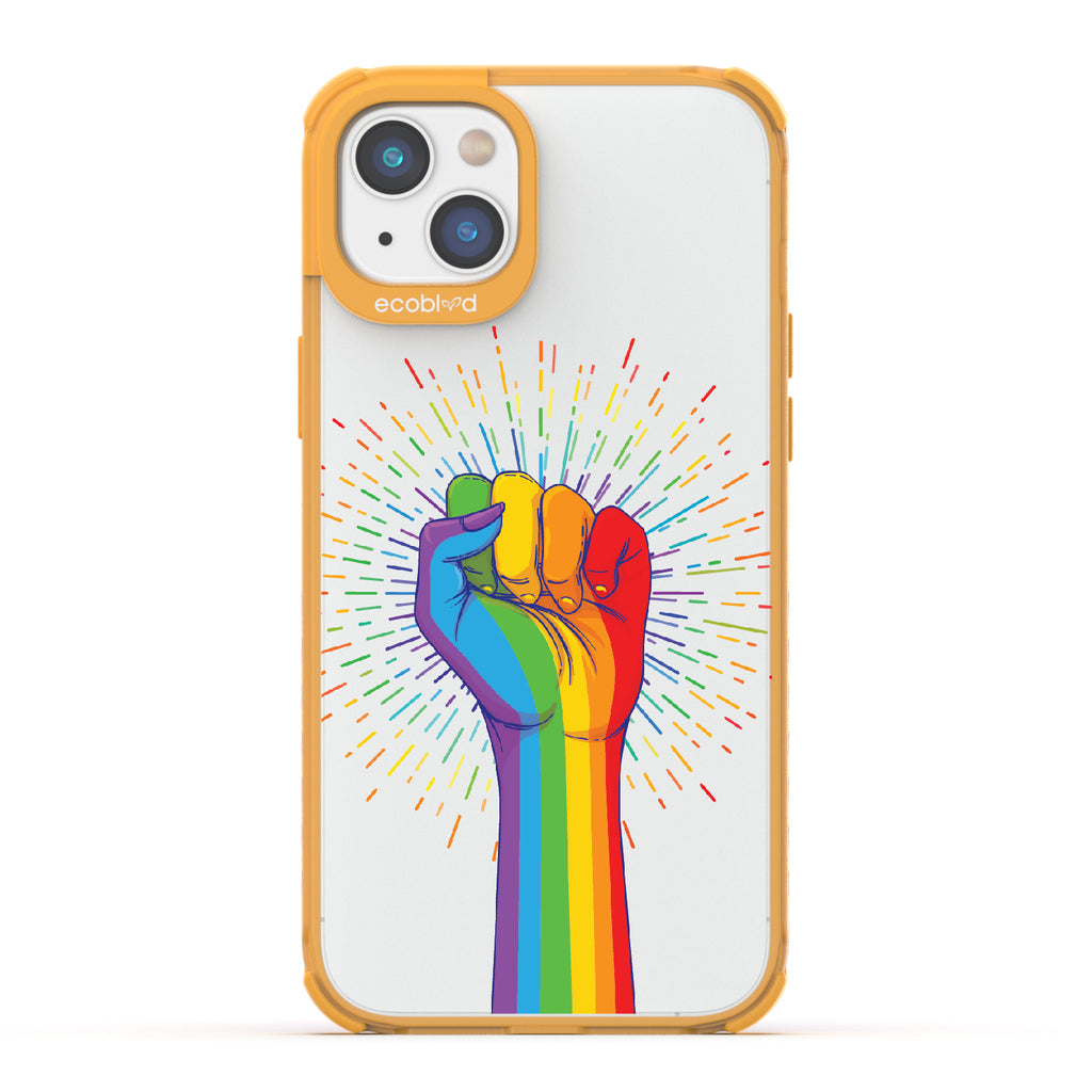 Rise With Pride - Yellow Eco-Friendly iPhone 14 Plus Case With Raised Fist In Rainbow Colors On A Clear Back
