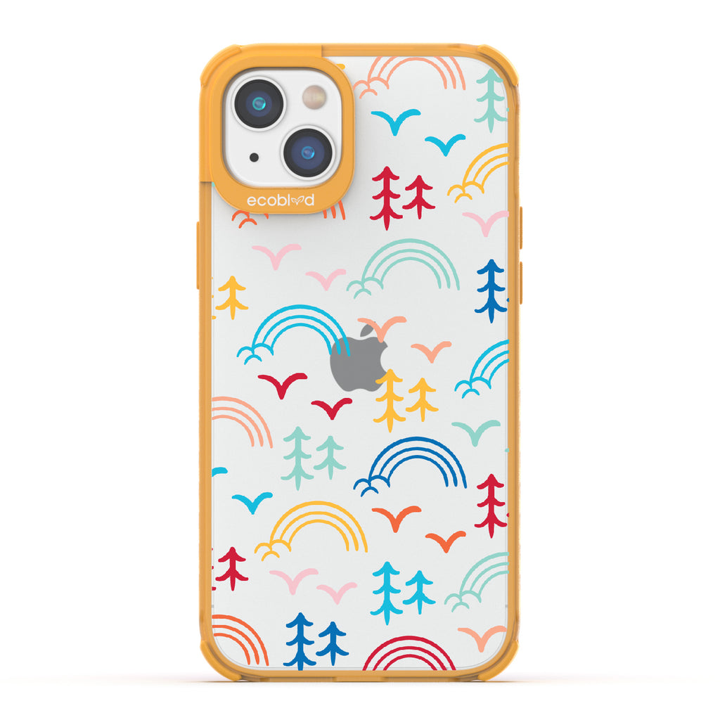 Happy Camper X Brave Trails - Yellow Eco-Friendly iPhone 14 Case with Minimalist Trees, Birds, Rainbows On A Clear Back