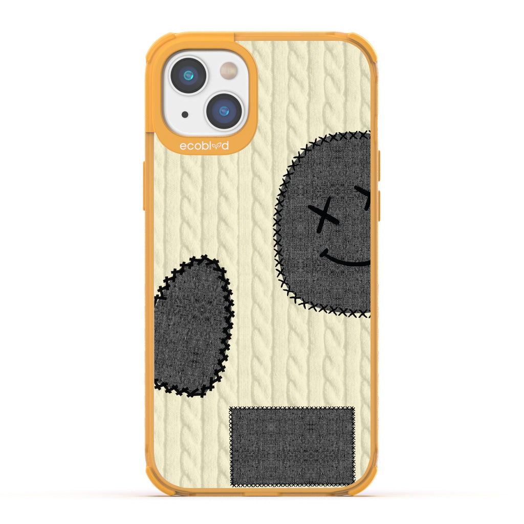 All Patched Up - Cable Knit With Patches of Heart + Happy Face - Eco-Friendly Clear iPhone 14 Plus Case With Yellow Rim