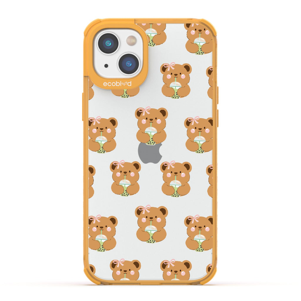 iPhone 16e, 14, 13 case, clear eco-friendly phone case with yellow ridges, back view, Bear-ista Approved design